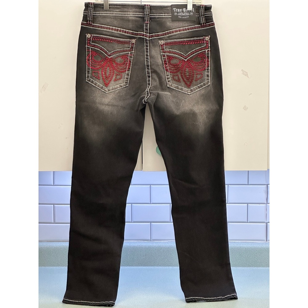 True Rebel 808 Slim Fit Jeans Mens 34x30 Faded Black Red White Stitch 900 Series